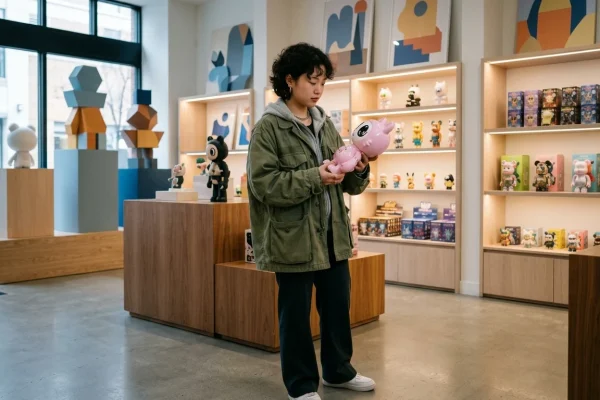 Bezoekers bekijken exclusieve Pop Mart designer toys en blind boxes in de drukbezochte Nederlandse winkel.