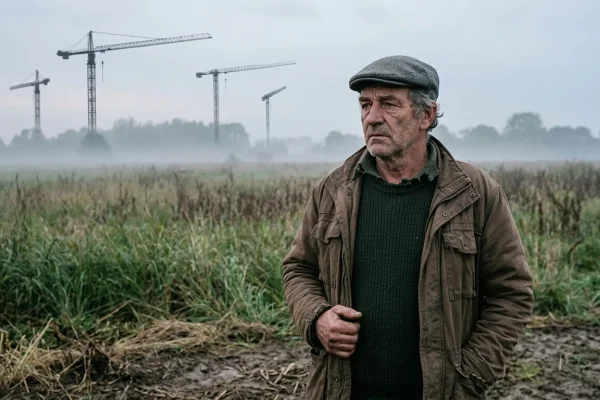 Protestborden van boeren en stilstaande graafmachines op een Nederlandse bouwplaats door stikstofregels.