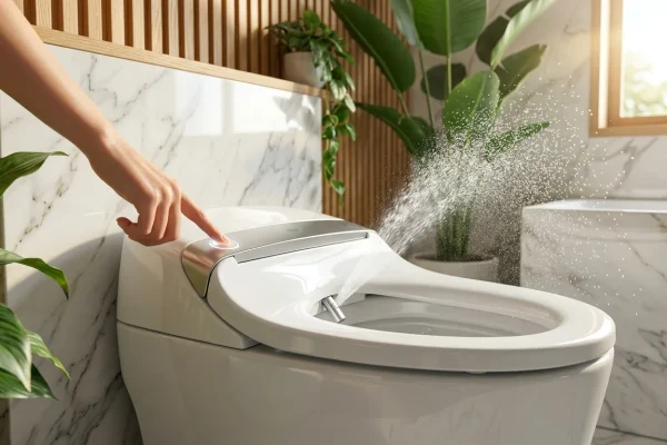 Een modern slim toilet met ingebouwde bidetfuncties en automatische sensoren in een strakke badkamer.