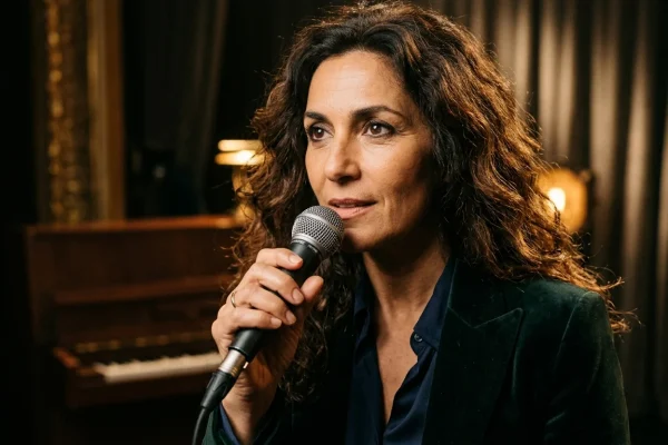 Glennis Grace zingt vol emotie in een intieme theaterzaal onder warme podiumverlichting.