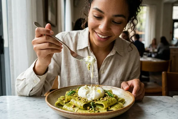 Felgroene pistache pasta met een opengebroken bol burrata en citroenrasp op een rustiek bord.