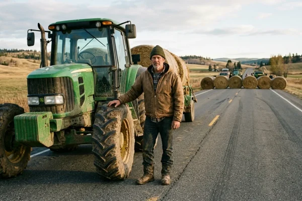 Lange stoet tractoren van Farmers Defence Force die een Nederlandse snelweg blokkeren tijdens een protest.