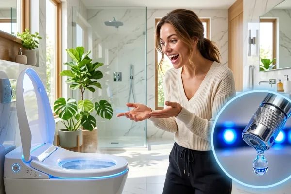 Een modern slim toilet in een strak ontworpen badkamer.