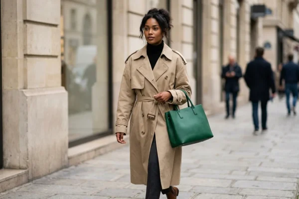 Een vrouw in de straten van Amsterdam draagt een authentieke vegan leren Telfar Shopping Bag in de kleur oxblood.