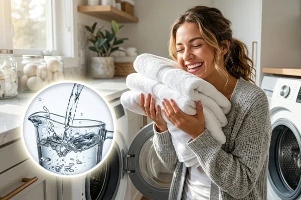 Fles witte azijn voor het schoonmaken en wassen van kleding.