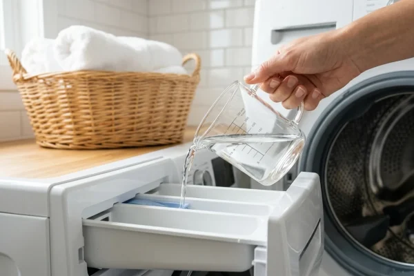 Fles gedistilleerde witte azijn naast een wasmachine met schoon wasgoed.
