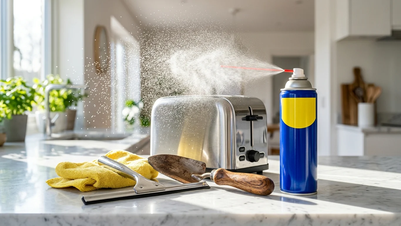 Een iconische blauw-gele spuitbus van WD-40 op een werkbank naast divers huishoudelijk gereedschap.