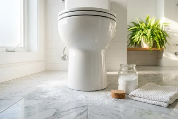 Baking soda strooien in en rond het toilet als natuurlijk schoonmaakmiddel.